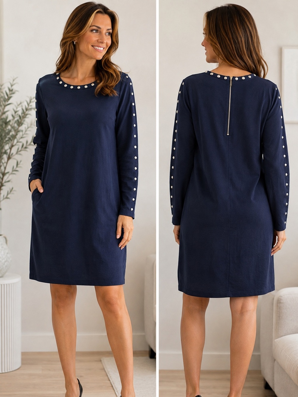 EsQualo Navy Blue Studded Long Sleeve Dress Size L